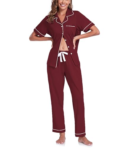 COLORFULLEAF 100% Baumwolle Damen Schlafanzug mit Knopfleiste Nachtwäsche Pyjama Set Zweiteiliger Kurzarm Lange Hose Hausanzug(Weinrot XL) von COLORFULLEAF