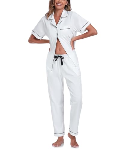 COLORFULLEAF 100% Baumwolle Damen Schlafanzug mit Knopfleiste Nachtwäsche Pyjama Set Zweiteiliger Kurzarm Lange Hose Hausanzug(Weiß XXL) von COLORFULLEAF