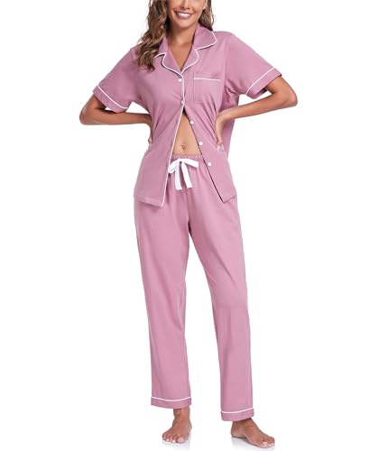 COLORFULLEAF 100% Baumwolle Damen Schlafanzug mit Knopfleiste Nachtwäsche Pyjama Set Zweiteiliger Kurzarm Lange Hose Hausanzug(Düstere Rose M) von COLORFULLEAF