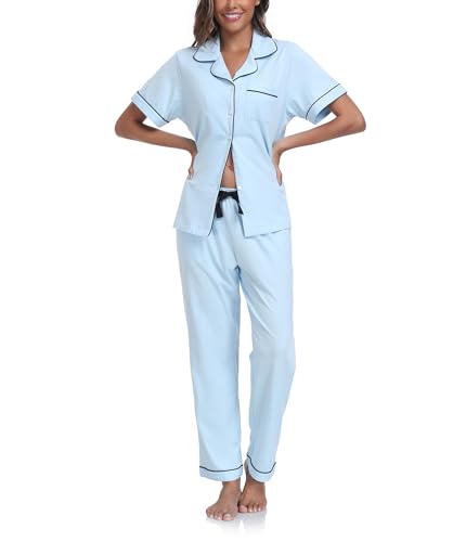 COLORFULLEAF 100% Baumwolle Damen Schlafanzug mit Knopfleiste Nachtwäsche Pyjama Set Zweiteiliger Kurzarm Lange Hose Hausanzug(Hellblau M) von COLORFULLEAF