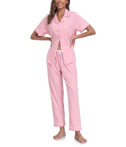 COLORFULLEAF 100% Baumwolle Damen Schlafanzug mit Knopfleiste Nachtwäsche Pyjama Set Zweiteiliger Kurzarm Lange Hose Hausanzug(Rosa M) von COLORFULLEAF