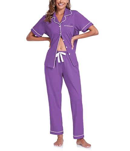 COLORFULLEAF 100% Baumwolle Damen Schlafanzug mit Knopfleiste Nachtwäsche Pyjama Set Zweiteiliger Kurzarm Lange Hose Hausanzug(Veilchen S) von COLORFULLEAF