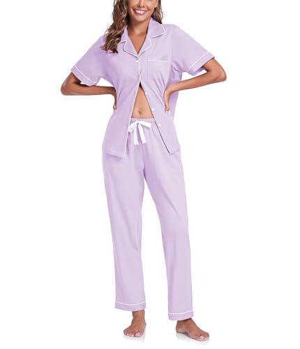 COLORFULLEAF 100% Baumwolle Damen Schlafanzug mit Knopfleiste Nachtwäsche Pyjama Set Zweiteiliger Kurzarm Lange Hose Hausanzug(Violett S) von COLORFULLEAF