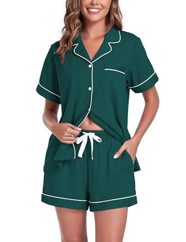 COLORFULLEAF Schlafanzug Damen Kurz Baumwolle Pyjama Damen Kurz mit Knöpfenp Shorty Pyjama Damen Sommer Kurzarm Hausanzug(Grün,2XL) von COLORFULLEAF