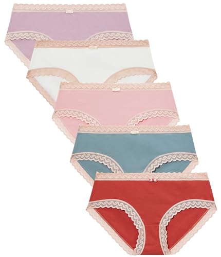 COLORFULLEAF Damen Unterwäsche Baumwolle Bikini Panties und Spitze Hipster Stretch Atmungsaktiver Unterhosen Mehrpack（5C,L von COLORFULLEAF