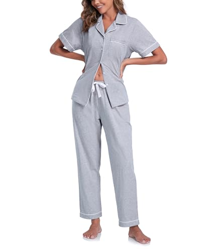 COLORFULLEAF 100% Baumwolle Damen Schlafanzug mit Knopfleiste Nachtwäsche Pyjama Set Zweiteiliger Kurzarm Lange Hose Hausanzug(Hellgrau L) von COLORFULLEAF