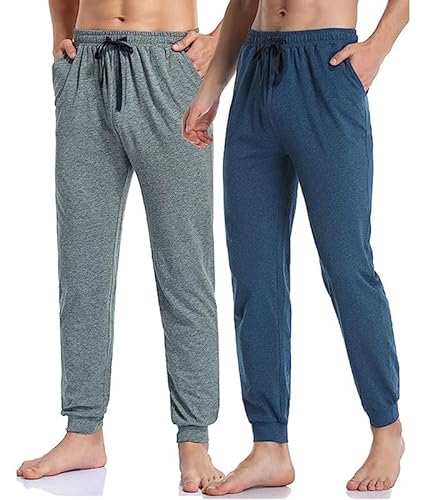 COLORFULLEAF Herren Lange Hose Baumwolle Jersey Schlafanzughose mit Tasche Pyjamahose mit Bündchen 1/2er Pack Jogginghose(Gesünderes Blau*1+Gesünderes Grau*1,XL) von COLORFULLEAF