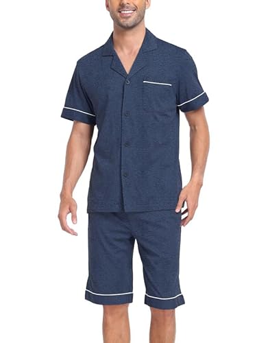 COLORFULLEAF Schlafanzug Herren Kurz 100% Baumwolle Nachthemd Herren Shorty Pyjama Herren V-Ausschnitt T- Shirt und Schlafshorts(Heather Navy,S) von COLORFULLEAF