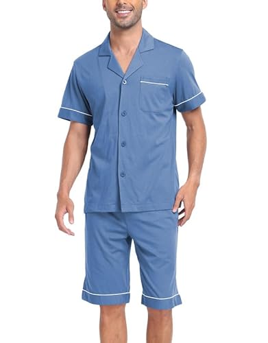 COLORFULLEAF Schlafanzug Herren Kurz 100% Baumwolle Nachthemd Herren Shorty Pyjama Herren V-Ausschnitt T- Shirt und Schlafshorts(Blau,L) von COLORFULLEAF