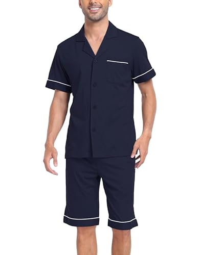 COLORFULLEAF Schlafanzug Herren Kurz 100% Baumwolle Nachthemd Herren Shorty Pyjama Herren V-Ausschnitt T- Shirt und Schlafshorts(Navy blau,L) von COLORFULLEAF