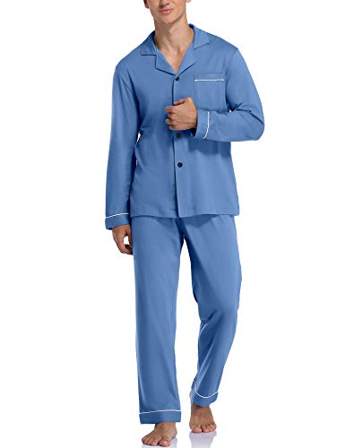 COLORFULLEAF Schlafanzug Herren Lang Pyjama Herren mit Knöpfen Baumwolle Zweiteiliger Langarm Shirt und Pyjamahose mit Tasche(Hellblau,L) von COLORFULLEAF