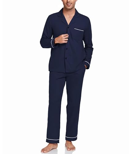 COLORFULLEAF Schlafanzug Herren Lang Pyjama Herren mit Knöpfen Baumwolle Zweiteiliger Langarm Shirt und Pyjamahose mit Tasche(A-Navy blau,L) von COLORFULLEAF