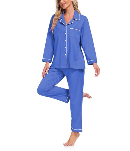 COLORFULLEAF Schlafanzug Damen 100% Baumwolle mit Knopfleiste Langarm Pyjamas Set Zweiteiliger Lang Nachtwäsche Hausanzug(Blau M) von COLORFULLEAF