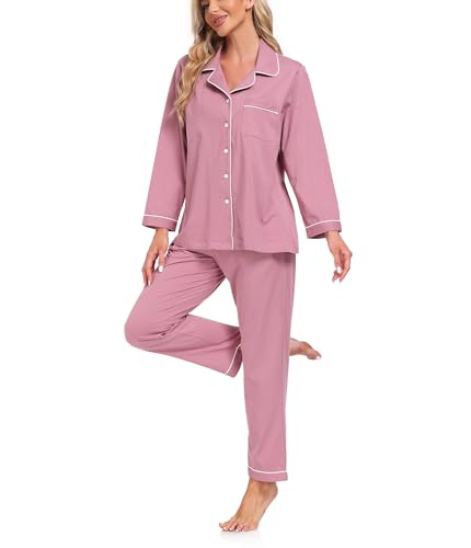 COLORFULLEAF Schlafanzug Damen 100% Baumwolle mit Knopfleiste Langarm Pyjamas Set Zweiteiliger Lang Nachtwäsche Hausanzug(Düstere Rose M) von COLORFULLEAF