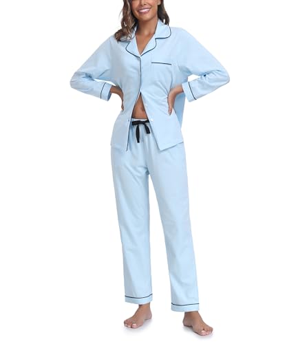 COLORFULLEAF Schlafanzug Damen 100% Baumwolle mit Knopfleiste Langarm Pyjamas Set Zweiteiliger Lang Nachtwäsche Hausanzug(Hellblau XL) von COLORFULLEAF