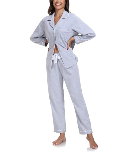 COLORFULLEAF Schlafanzug Damen 100% Baumwolle mit Knopfleiste Langarm Pyjamas Set Zweiteiliger Lang Nachtwäsche Hausanzug(Hellgrau L) von COLORFULLEAF