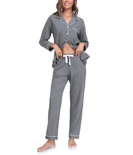 COLORFULLEAF Schlafanzug Damen 100% Baumwolle mit Knopfleiste Langarm Pyjamas Set Zweiteiliger Lang Nachtwäsche Hausanzug(Dunkelgrau XL) von COLORFULLEAF