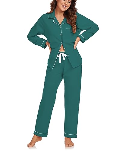 COLORFULLEAF Damen Schlafanzug 100% Baumwolle mit Knopfleiste Langarm Pyjamas Set Zweiteiliger Lang Nachtwäsche Hausanzug (Grün L) von COLORFULLEAF