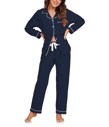 COLORFULLEAF Schlafanzug Damen 100% Baumwolle mit Knopfleiste Langarm Pyjamas Set Zweiteiliger Lang Nachtwäsche Hausanzug(Navy Blau L) von COLORFULLEAF