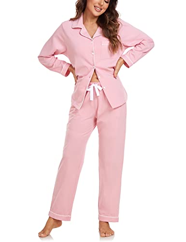 COLORFULLEAF Pyjama Damen 100% Baumwolle mit Knöpfen Langarm Schlafanzug für Frauen Lang Zweiteiliger Nachtwäsche mit Taschen(Rosa L) von COLORFULLEAF