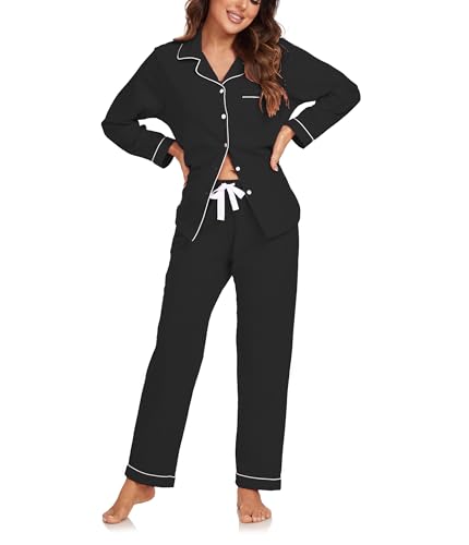 COLORFULLEAF Damen Schlafanzug 100% Baumwolle mit Knopfleiste Langarm Pyjamas Set Zweiteiliger Lang Nachtwäsche Hausanzug (Schwarz XL) von COLORFULLEAF