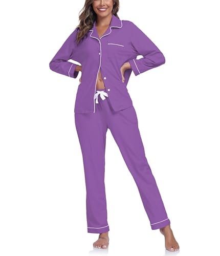 COLORFULLEAF Damen Schlafanzug 100% Baumwolle mit Knopfleiste Langarm Pyjamas Set Zweiteiliger Lang Nachtwäsche Hausanzug (Veilchen XL) von COLORFULLEAF