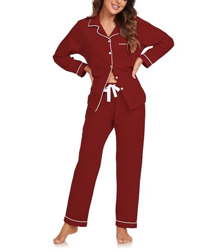 COLORFULLEAF Pyjama Damen 100% Baumwolle mit Knöpfen Langarm Schlafanzug für Frauen Lang Zweiteiliger Nachtwäsche mit Taschen(Weinrot XXL) von COLORFULLEAF