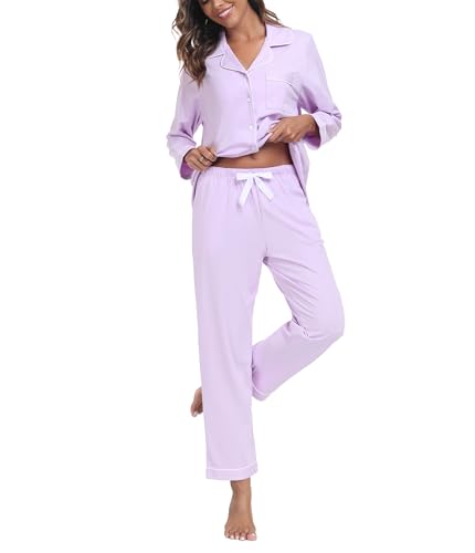 COLORFULLEAF Schlafanzug Damen 100% Baumwolle mit Knopfleiste Langarm Pyjamas Set Zweiteiliger Lang Nachtwäsche Hausanzug(Violett XXL) von COLORFULLEAF