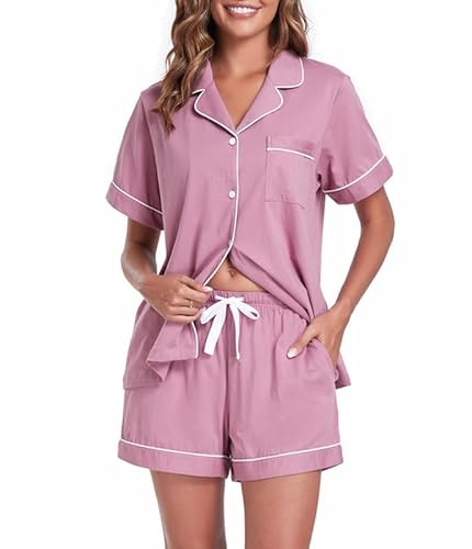 COLORFULLEAF Schlafanzug Damen Kurz Baumwolle Pyjama Damen Kurz mit Knöpfenp Shorty Pyjama Damen Sommer Kurzarm Hausanzug(Düstere Rose,L) von COLORFULLEAF