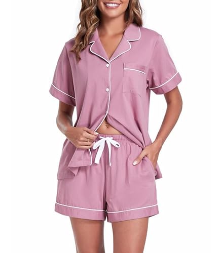 COLORFULLEAF Schlafanzug Damen Kurz Baumwolle Pyjama Damen Kurz mit Knöpfenp Shorty Pyjama Damen Sommer Kurzarm Hausanzug(Düstere Rose,S) von COLORFULLEAF