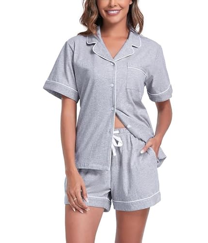 COLORFULLEAF Schlafanzug Damen Kurz Baumwolle Pyjama Damen Kurz mit Knöpfenp Shorty Pyjama Damen Sommer Kurzarm Hausanzug(Grau,L) von COLORFULLEAF