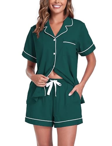 COLORFULLEAF Schlafanzug Damen Kurz Baumwolle Pyjama Damen Kurz mit Knöpfenp Shorty Pyjama Damen Sommer Kurzarm Hausanzug(Grün,M) von COLORFULLEAF