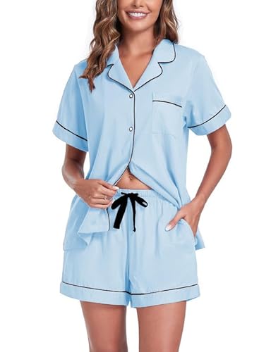 COLORFULLEAF Schlafanzug Damen Kurz Baumwolle Pyjama Damen Kurz mit Knöpfenp Shorty Pyjama Damen Sommer Kurzarm Hausanzug(Hellblau,L) von COLORFULLEAF