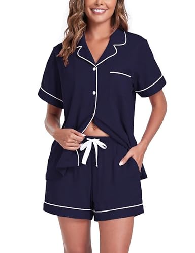 COLORFULLEAF Schlafanzug Damen Kurz Baumwolle Pyjama Damen Kurz mit Knöpfenp Shorty Pyjama Damen Sommer Kurzarm Hausanzug(Navy Blau,2XL) von COLORFULLEAF