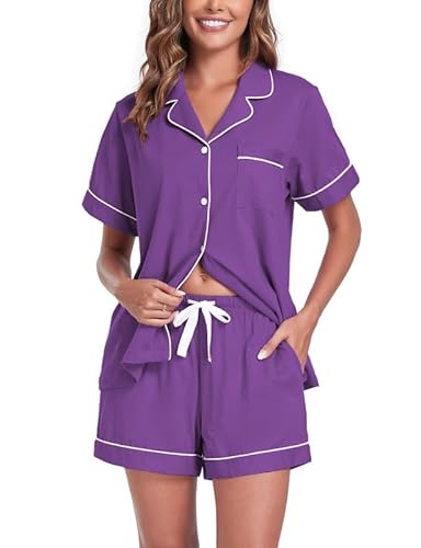 COLORFULLEAF Schlafanzug Damen Kurz Baumwolle Pyjama Damen Kurz mit Knöpfenp Shorty Pyjama Damen Sommer Kurzarm Hausanzug(Pflaume,2XL) von COLORFULLEAF