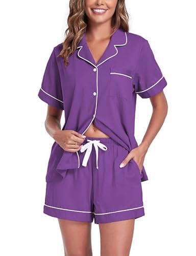 COLORFULLEAF Schlafanzug Damen Kurz Baumwolle Pyjama Damen Kurz mit Knöpfenp Shorty Pyjama Damen Sommer Kurzarm Hausanzug(Pflaume,M) von COLORFULLEAF