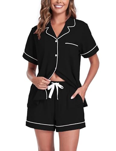 COLORFULLEAF Schlafanzug Damen Kurz Baumwolle Pyjama Damen Kurz mit Knöpfenp Shorty Pyjama Damen Sommer Kurzarm Hausanzug(Schwarz,L) von COLORFULLEAF