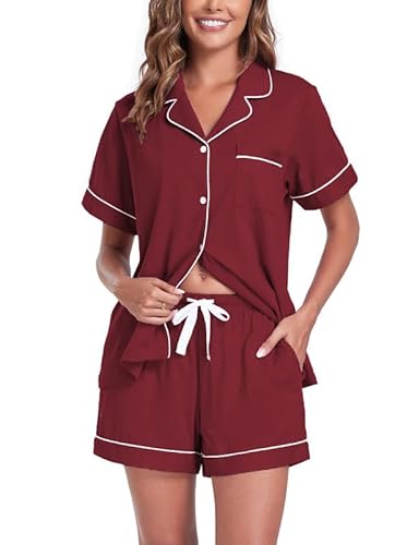 COLORFULLEAF Schlafanzug Damen Kurz Baumwolle Pyjama Damen Kurz mit Knöpfenp Shorty Pyjama Damen Sommer Kurzarm Hausanzug(Weinrot,2XL) von COLORFULLEAF