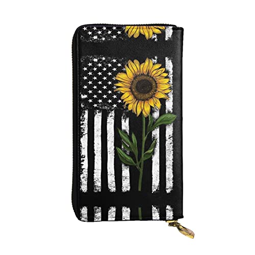 Nette Pommersche Leder lange Handbrieftasche Frauen Brieftasche für Kreditkarte Bargeld Münze Speicher, Sonnenblume und amerikanische Flagge, Einheitsgröße von COMAAM