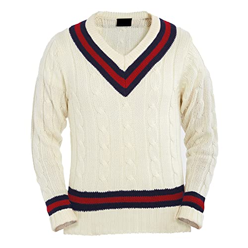 COMFYLOT & KK TRADERS MCR LTD Herren Cricket-Pullover mit V-Ausschnitt, Zopfstrick, Cricket-Pullover, langärmelig, Zopfstrick, Cricket-Golf-Pullover, Jersey-Top, Weste, S-XXL, cremefarben, S/M von COMFYLOT & KK TRADERS MCR LTD