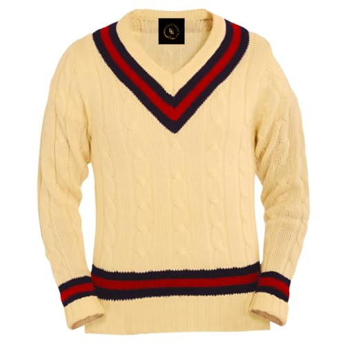 COMFYLOT & KK TRADERS MCR LTD Herren Cricket-Pullover mit V-Ausschnitt, Zopfstrick, Cricket-Pullover, langärmelig, Zopfstrick, Cricket-Golf-Pullover, Jersey-Top, Weste, S-XXL, cremefarben, XL von COMFYLOT & KK TRADERS MCR LTD