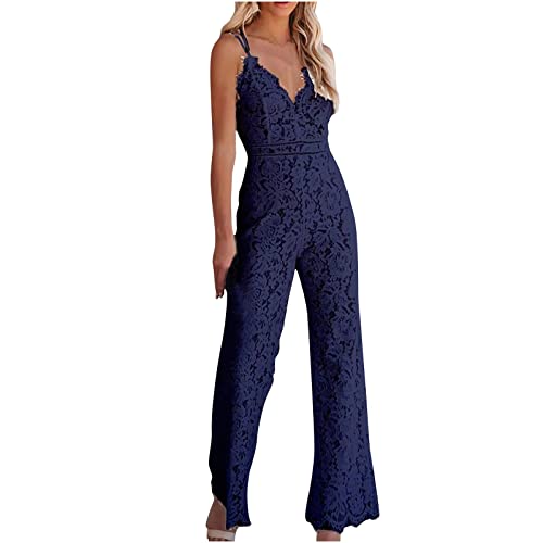 COMIOR Damen Jumpsuit Elegant Einfarbig Loose Freizeithose Damen Jumpsuit O/V Ausschnitt Overall Playsuit Lang Romper Rückenfrei Sexy Hosen mit Taschen Dunkelblau XXL von COMIOR