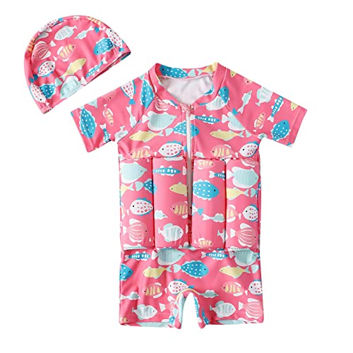 COMIOR Float Badeanzug Mädchen mit Schwimmhaube und Auftrieb Baby Schwimmhilfe ab 6 Monate Verstellbarem Kinder Float Suit Badeanzug mit Bein Schwimmanzug, Rosa von COMIOR