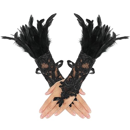 COMNICO Damen-Handschuhe mit Federspitze, Lange Schwarze Gothic-Netzhandschuhe Fingerlose Hexenhandschuhe Ärmel für Hochzeit, Halloween, Party von COMNICO