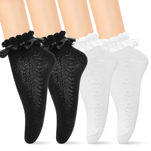 COMNICO Spitzen-Rüschen-Söckchen, 2 Paar Baumwoll-Rüschensocken mit Ribon-Besatz für Damen (Schwarz + Weiß) von COMNICO