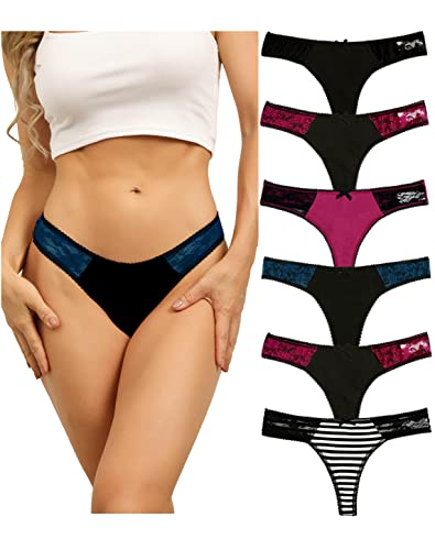 COMSOFT Baumwolle Unterwäsche Frauen Damen Tanga Saiten T Back Höschen Niedrige Taille Slips 6er Pack (Riemen F, XL) von COMSOFT