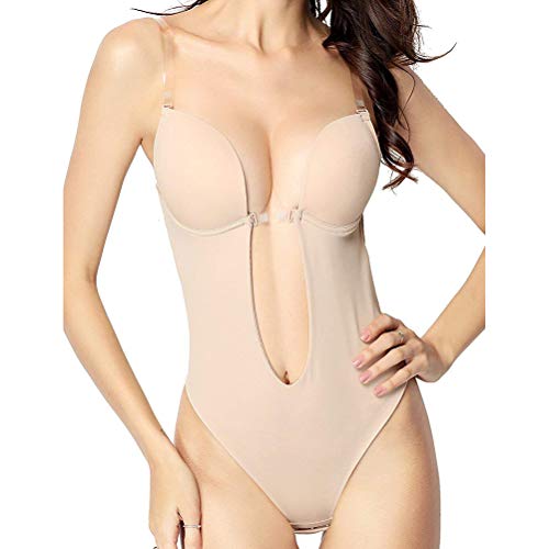 COMTERVI Damen Backless Tiefer Tiefem V-Ausschnitt Body Strapless Shapewear Body Shaping Bodysuit Miederslip Erholung Bauch Weg Taillenformer Figurformender… (Khaki, 36) von COMTERVI