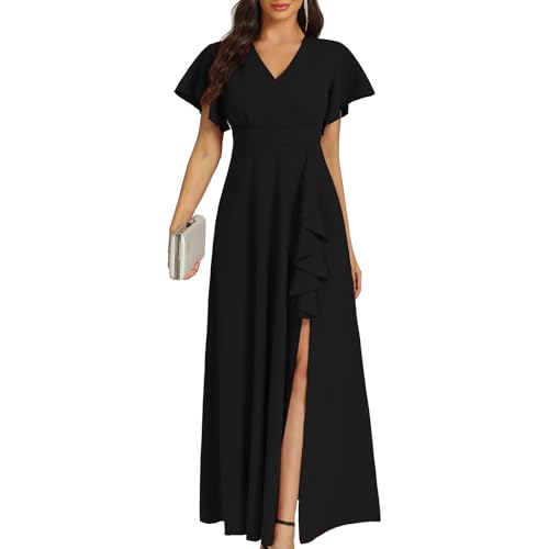 COOAN Frauen Schwarz Lang Formelle Kleider Cocktail Hochzeit Gastkleider Rüschen Teilung Elegant V Hals Party Kleider COOAN Frauen Schwarz Lang Formelle Kleider Cocktail Hochzeit Gastkleider Rüschen Teilung Elegant V Hals Party Kleider von COOAN