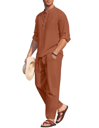 COOFANDY 2-teiliges Herren-Set aus Baumwoll-Leinen, lässig, langärmelig, Henley-Shirt, Strandhose mit Taschen, Sommer-Yoga-Outfits, Caramel, Small von COOFANDY