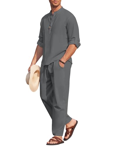 COOFANDY 2-teiliges Herren-Set aus Baumwoll-Leinen, lässig, langärmelig, Henley-Shirt, Strandhose mit Taschen, Sommer-Yoga-Outfits, grau dunkel, Large von COOFANDY